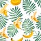 Seamless pattern with palm leaves and banana fruits.