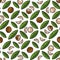 Seamless pattern with palm leaves and coconuts. Tropical vector background.