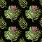 Seamless pattern - palm leaves and protea on black