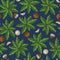 Seamless pattern with palm trees and coconuts. Tropical vector background.