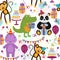 Seamless pattern with panda hippopotamus monkey crocodile Happy Birthday - vector illustration, eps