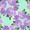Seamless pattern. Pansy flowers, violets - buds and leaves on a watercolor background. Collage of flowers and leaves. Use printed