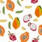 Seamless pattern with papaya, bananas and dragon fruits. Tasty tropic background, grunge decorative texture.