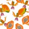 Seamless pattern with papaya fruits and exotic flowers. Tasty tropic background, grunge decorative texture.