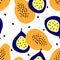 Seamless pattern with papaya and passion fruits in simple flat design.
