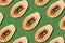 Seamless pattern with papaya. Tropical abstract background. Top view. Creative design, minimal flat lay concept. Summer time.