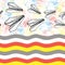 Seamless pattern with paper airplane over the colorful waves. Travel, route symbol on dotty background. Vector illustration