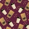 Seamless pattern of paper cups and pouch bags with coffee beans isolated on a violet background