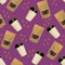 Seamless pattern of paper cups and pouch bags with coffee beans isolated on a violet background