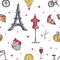 Seamless pattern with Paris and France elements - perfume, french croissant, Eiffel Tower, mannequin, glass of wine hand