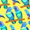 Seamless pattern parrot lovebirds couple sitting head turned blu