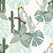Seamless pattern with parrots and cacti with palm tropical leaves. Retro colors. Colorful hand drawn sketch.