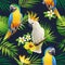 Seamless pattern of parrots cockatoo on the tropical branches with leaves and flowers on dark.