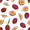 Seamless pattern with passion fruits on white background. Repeatable backdrop with scattered passionfruits. Endless