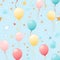 Seamless pattern with pastel-colored balloons, confetti, and party hats for a festive and celebratory theme