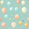 Seamless pattern with pastel-colored balloons, confetti, and party hats for a festive and celebratory theme