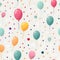 Seamless pattern with pastel-colored balloons, confetti, and party hats for a festive and celebratory theme