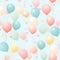 Seamless pattern with pastel-colored balloons, confetti, and party hats for a festive and celebratory theme