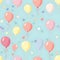 Seamless pattern with pastel-colored balloons, confetti, and party hats for a festive and celebratory theme