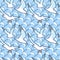 Seamless pattern in pastel colors of sea theme. Flying white gulls over the stormy sea.