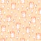 Seamless pattern with pastel orange funny shaggy monsters and yellow, orange and pink balloons on a orange background