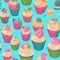 seamless pattern with pastries, buns, cupcakes with cream on blue background