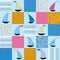 Seamless pattern, patchwork with hand drawn sailing boats, anchors, life belts, waves