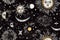 Seamless pattern with a pattern of the cosmic sky at night with the moon and crescent moon and stars. Generative AI.