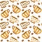 Seamless pattern, patterned coffee cups and coffee beans in brown and beige shades. Kitchen decor, print