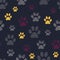 Seamless pattern with patterned paws. Complex illustration print in yellow, burgundy, white, grey and olive