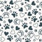 Seamless pattern with paw and heart prints. Animal footprint background