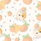 Seamless pattern of peach ice cream in a cat-shaped cone with sprinkles and strawberries. On a white background.