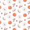 Seamless pattern Peach outline doodle with spots. Whole, pieces, seed and leaves