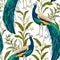 Seamless pattern with peacock, flowers and leaves.