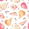 Seamless pattern. Pear, leaves and seeds painted with colored pencils isolated on a white background.