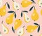 Seamless pattern of pears and half of pears.