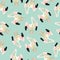 Seamless pattern with pelican. Cute cartoon character bird on mint background.