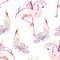 Seamless pattern pelican, flamingo birds and succulent, lilies exotic flowers. White background.