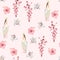 Seamless pattern pelican and hibiscus orchid exotic flowers. Pink background.