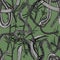 Seamless pattern with pencil-drawn different snakes, bamboo plants on a green background. Print, packaging, wallpaper, textile des