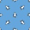 Seamless pattern with penguins on blue background. Cute pixel penguins. 8 bit vector illustration. Winter animals pattern.