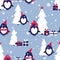 Seamless pattern, penguins, fir trees, snow, gifts