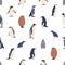 Seamless Pattern With Penguins Various Species. Emperor, Adelie, Gentoo, Rockhopper, King And Macaroni, Fluffy, Little
