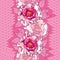 Seamless pattern with peony in pink, ornate leaves and decorative white lace on the pink background.