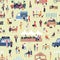 Seamless pattern with people buying and selling goods at street food seasonal market. Backdrop with men and women