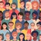 Seamless pattern with people faces of different ethnicity and ages. Parade or meeting crowd, men and women various