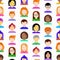 Seamless pattern with people flat icons: smiling cartoon male and female heads. Avatars of people with different races: caucasian