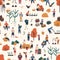 Seamless pattern with people pick autumn harvest at farms. Woman and man character work together at garden. Endless