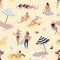 Seamless pattern with people relaxing on sand beach and sunbathing. Backdrop with men and women on vacation at seashore