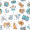 Seamless pattern with pet care symbols, cute cats and dogs, minimalistic design. Animal shelter, veterinary care. Texture for
